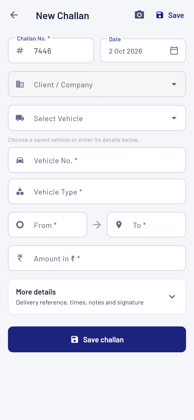 New challan form with client, vehicle, route, amount and optional details