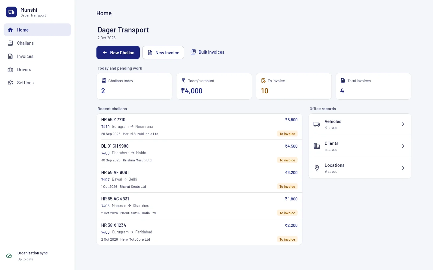 Dager Transport sample workspace in Munshi, showing today's challans, pending invoices and saved office records